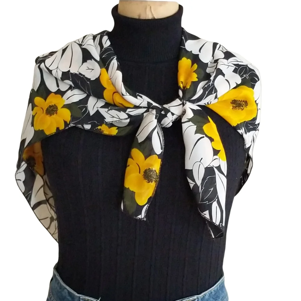 Black, White and Yellow Floral Print Scarf or Wrap
